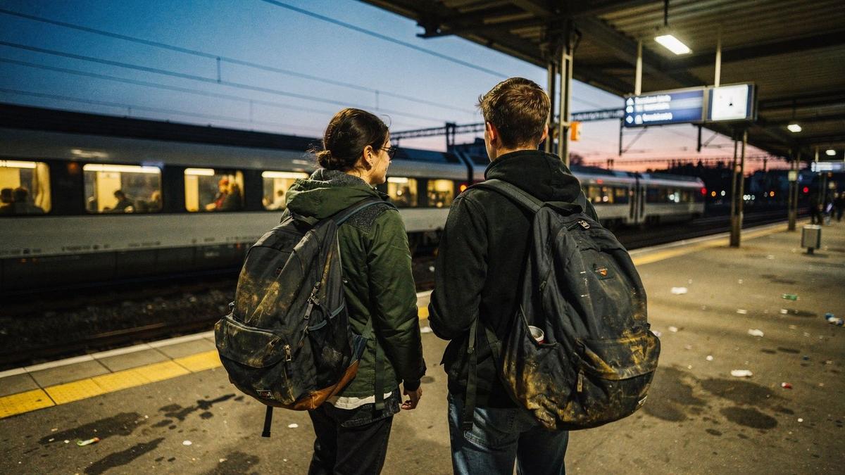 Students with backpacks boarding a night train at a Central European station platform