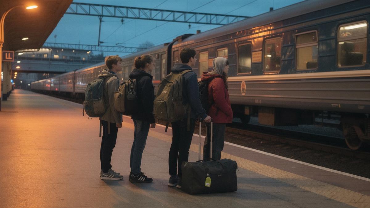 Students with backpacks boarding a night train at Kyiv-Pasazhyrskyi station.